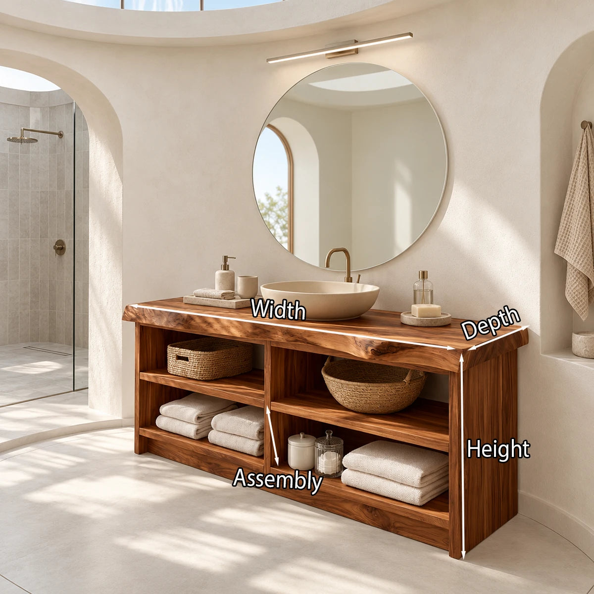 Natural solid wood bathroom console with four cubbies for towels, baskets and accessories