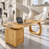 Contemporary office desk pairs curved open support with three drawers for daily work