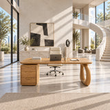 Executive desk with three drawers and open loop support for a refined modern workspace