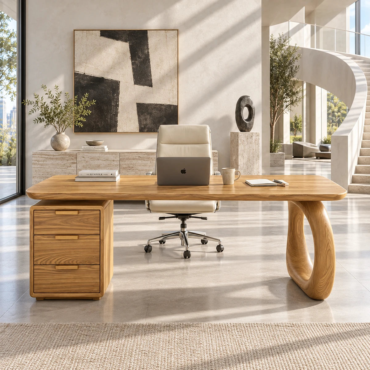 A sculptural writing desk with rounded edges brings visual balance to a bright home office
