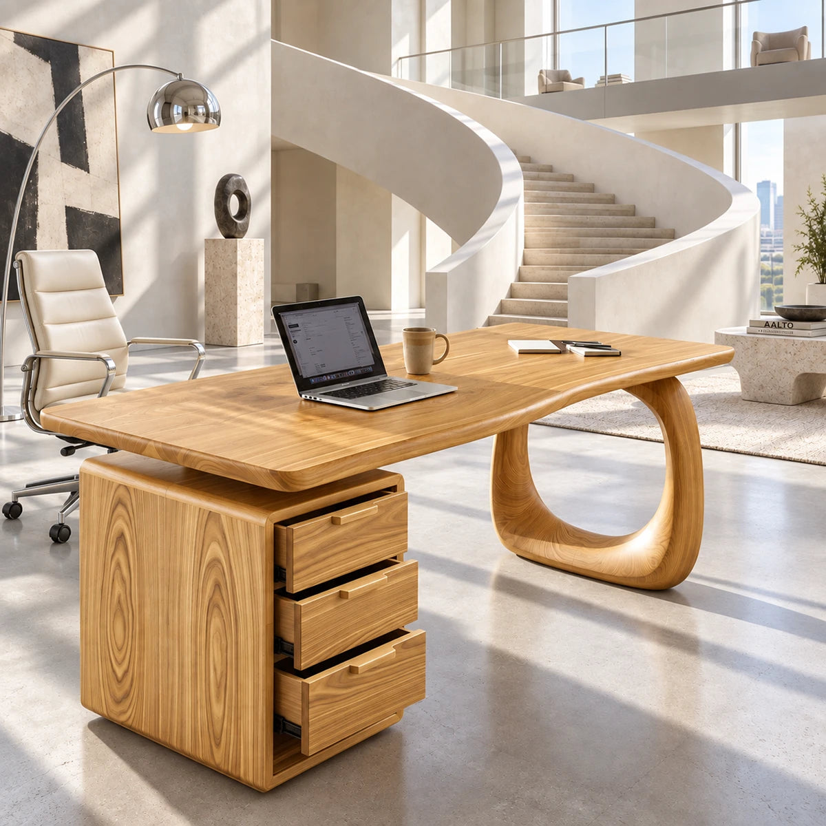 Open loop support gives the home office desk a distinctive profile with generous legroom