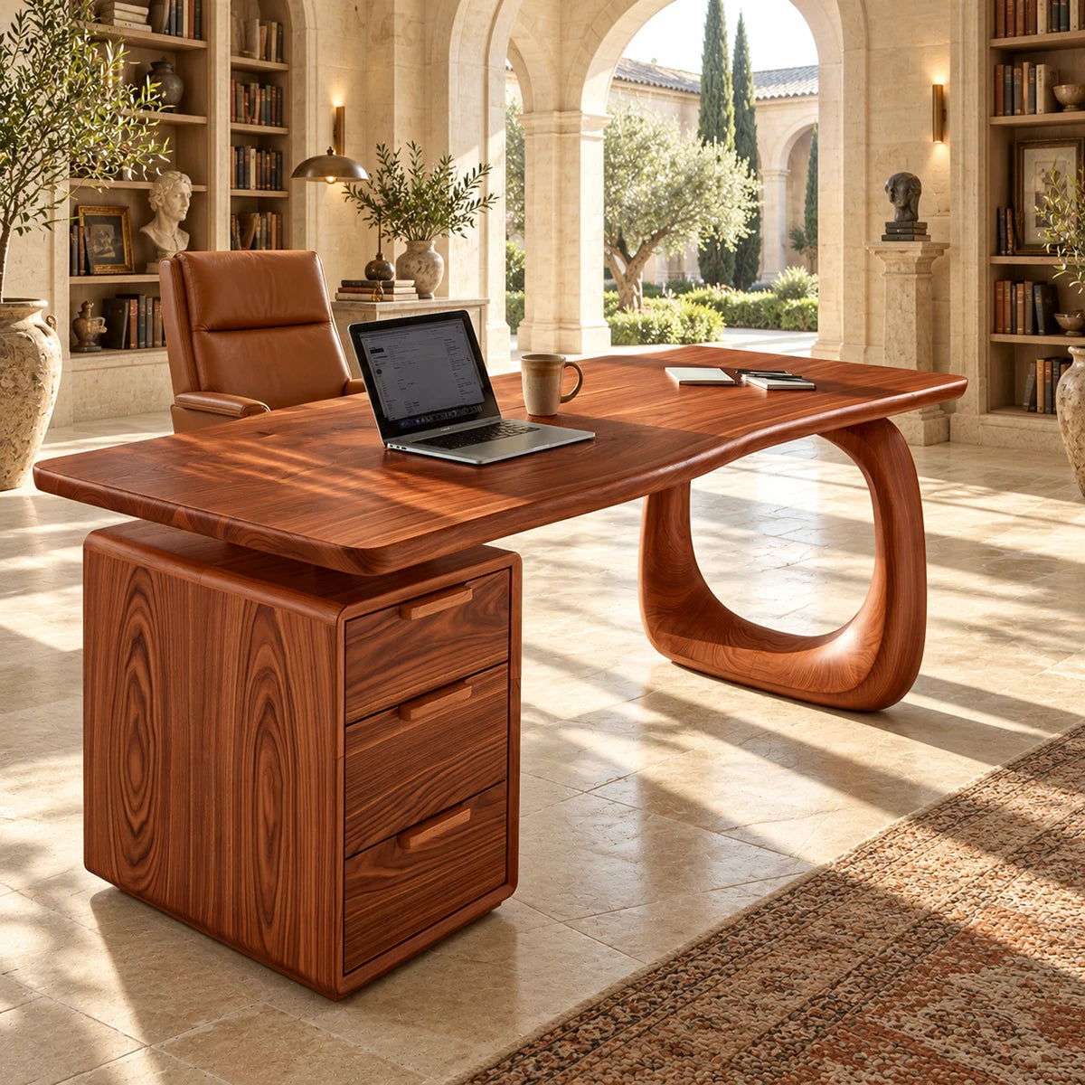 Rounded architecture shapes this large work desk into a clean centerpiece for modern rooms