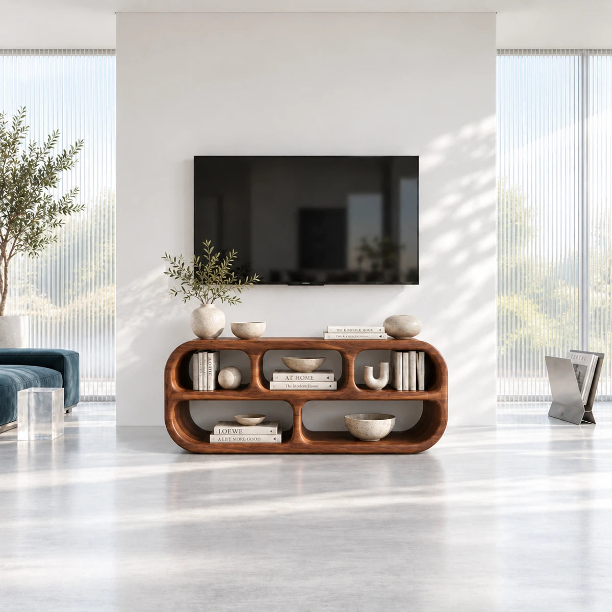 Elegant media cabinet in solid wood with rounded sides and wide display openings
