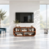 Elegant media cabinet in solid wood with rounded sides and wide display openings
