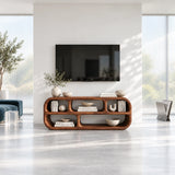 Curved TV console in solid wood with open compartments and a sculptural silhouette
