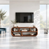 Statement entertainment stand in solid wood with rounded ends and airy shelving style
