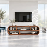 Sleek media console table in solid wood with curved framing and open shelf space
