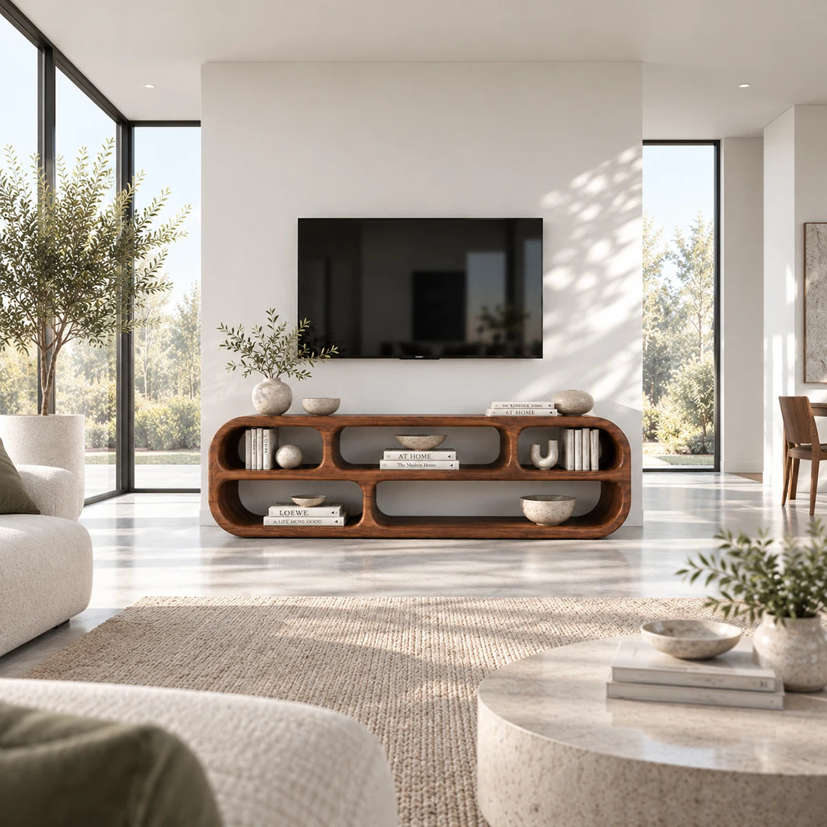 Modern media console in solid wood with curved ends and display shelf storage below
