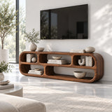 Low profile entertainment center in solid wood with rounded frame and open cubbies
