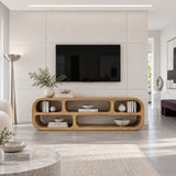 Open shelf TV stand in solid wood with soft curves and a clean architectural form
