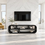 Rounded entertainment unit in solid wood with double-tier shelves and open storage
