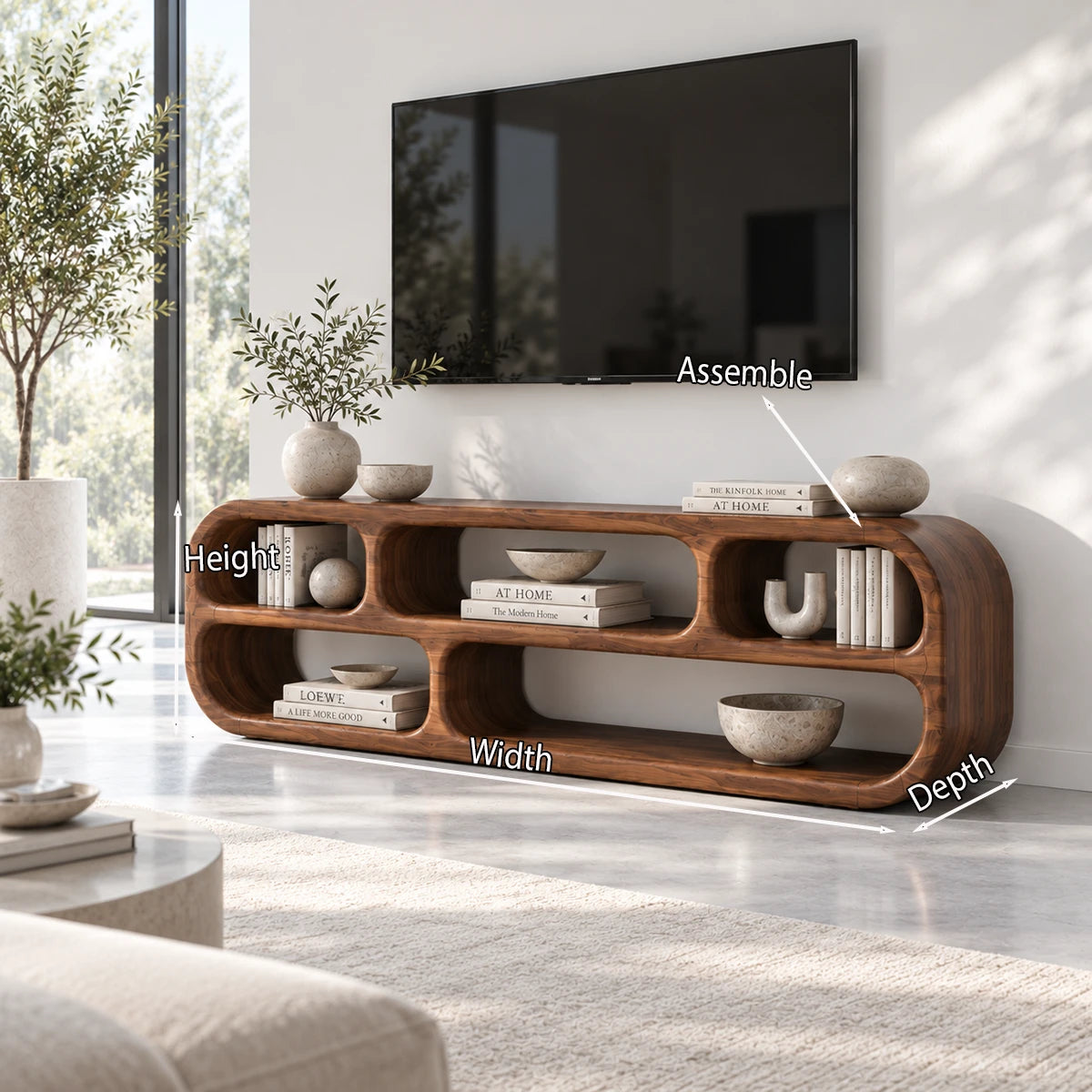 Living room TV stand in solid wood with smooth edges and a balanced open layout design
