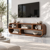 Living room TV stand in solid wood with smooth edges and a balanced open layout design
