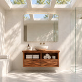 Wall hung vanity cabinet in natural solid wood with towel shelves and two drawers