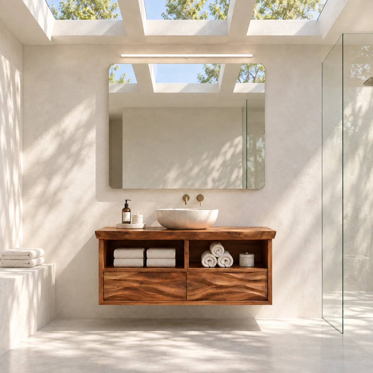 Elegant bathroom vanity in natural solid wood with open storage and vessel basin
