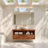 Elegant bathroom vanity in natural solid wood with open storage and vessel basin