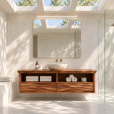 Modern sink vanity in natural solid wood with floating frame and two wide drawers