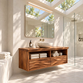 Floating bathroom vanity in natural solid wood with two drawers and open towel shelves