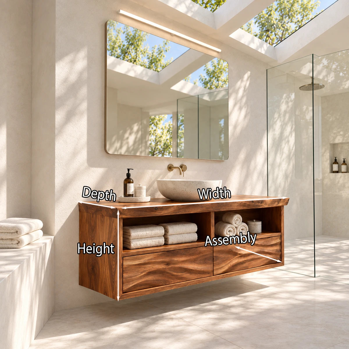 Clean lined bathroom vanity in natural solid wood with vessel sink and drawer base