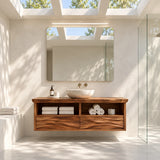 Single sink bathroom vanity in natural solid wood with open shelves and two drawers