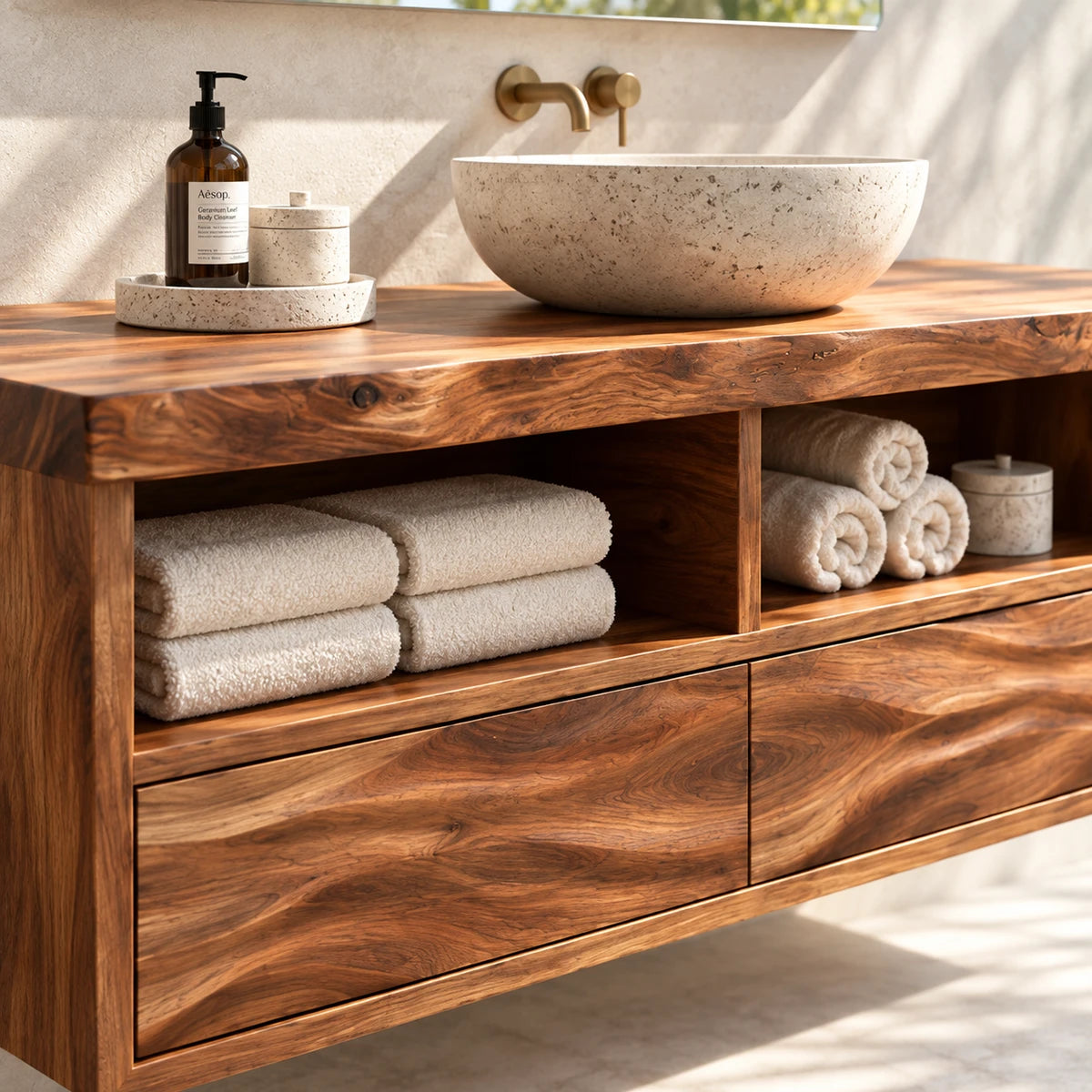 Contemporary bath vanity in natural solid wood with vessel basin and towel storage