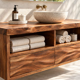 Contemporary bath vanity in natural solid wood with vessel basin and towel storage
