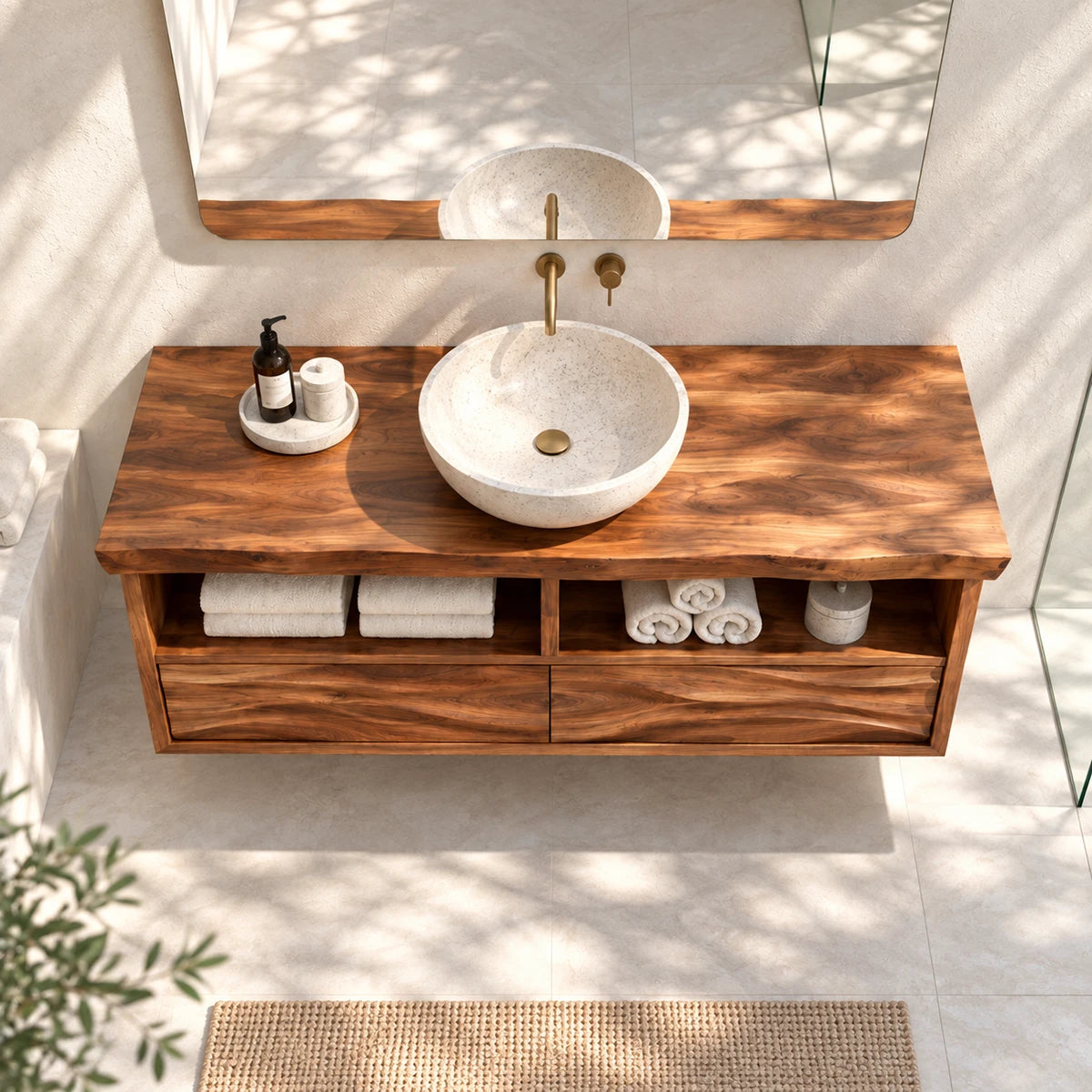 Open shelf bathroom vanity in natural solid wood with two drawers and floating form