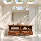 Minimalist vanity cabinet in natural solid wood with vessel sink and open storage