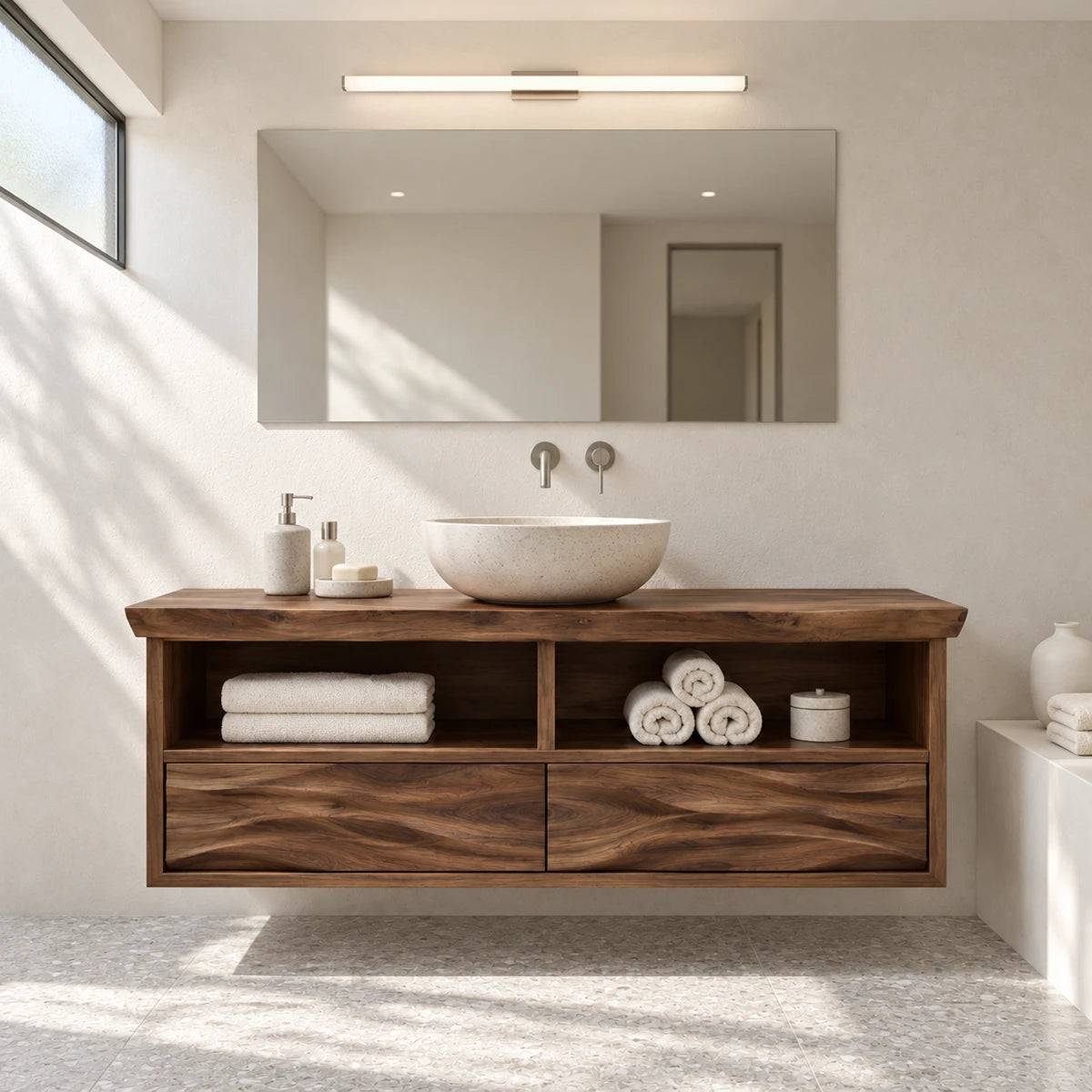 Designer bathroom vanity in natural solid wood with two drawers and towel shelving