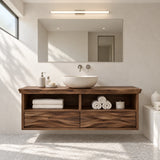 Designer bathroom vanity in natural solid wood with two drawers and towel shelving