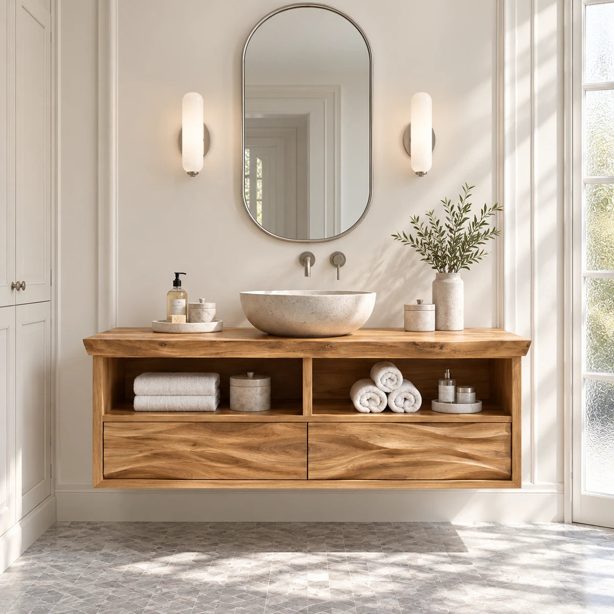 Refined floating vanity in natural solid wood with open cubbies and vessel basin