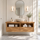 Refined floating vanity in natural solid wood with open cubbies and vessel basin