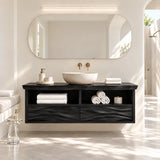 Space saving bath vanity in natural solid wood with two drawers and open shelves