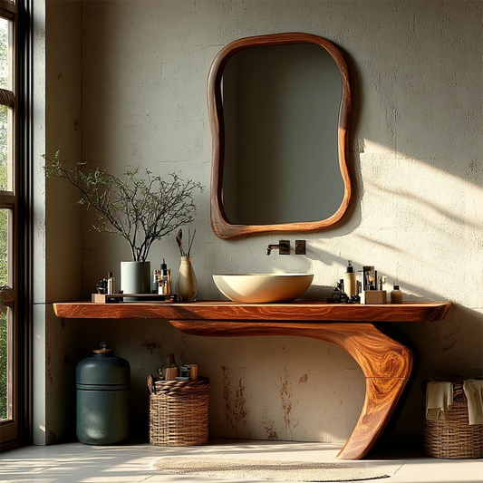 Modern interior featuring solid wood bathroom vanity with vessel sink.