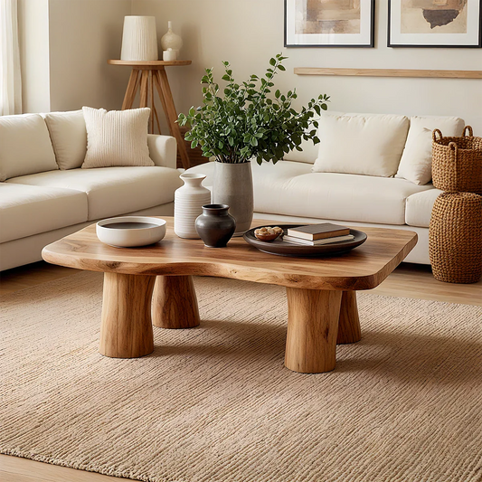 Organic brown wood coffee table with pillar legs
