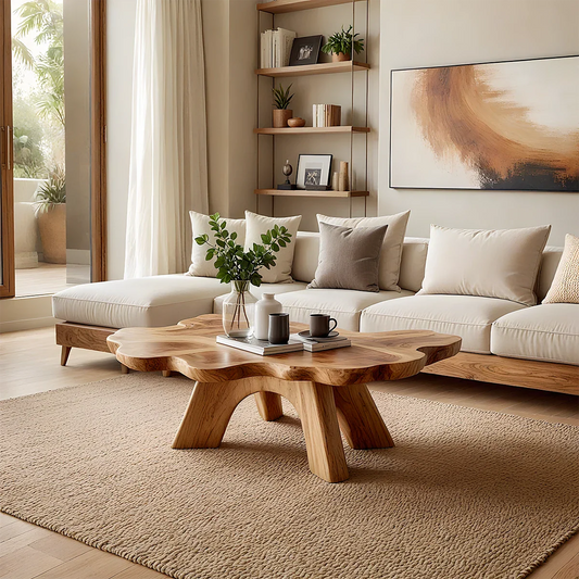 Organic brown wood coffee table with petal shape