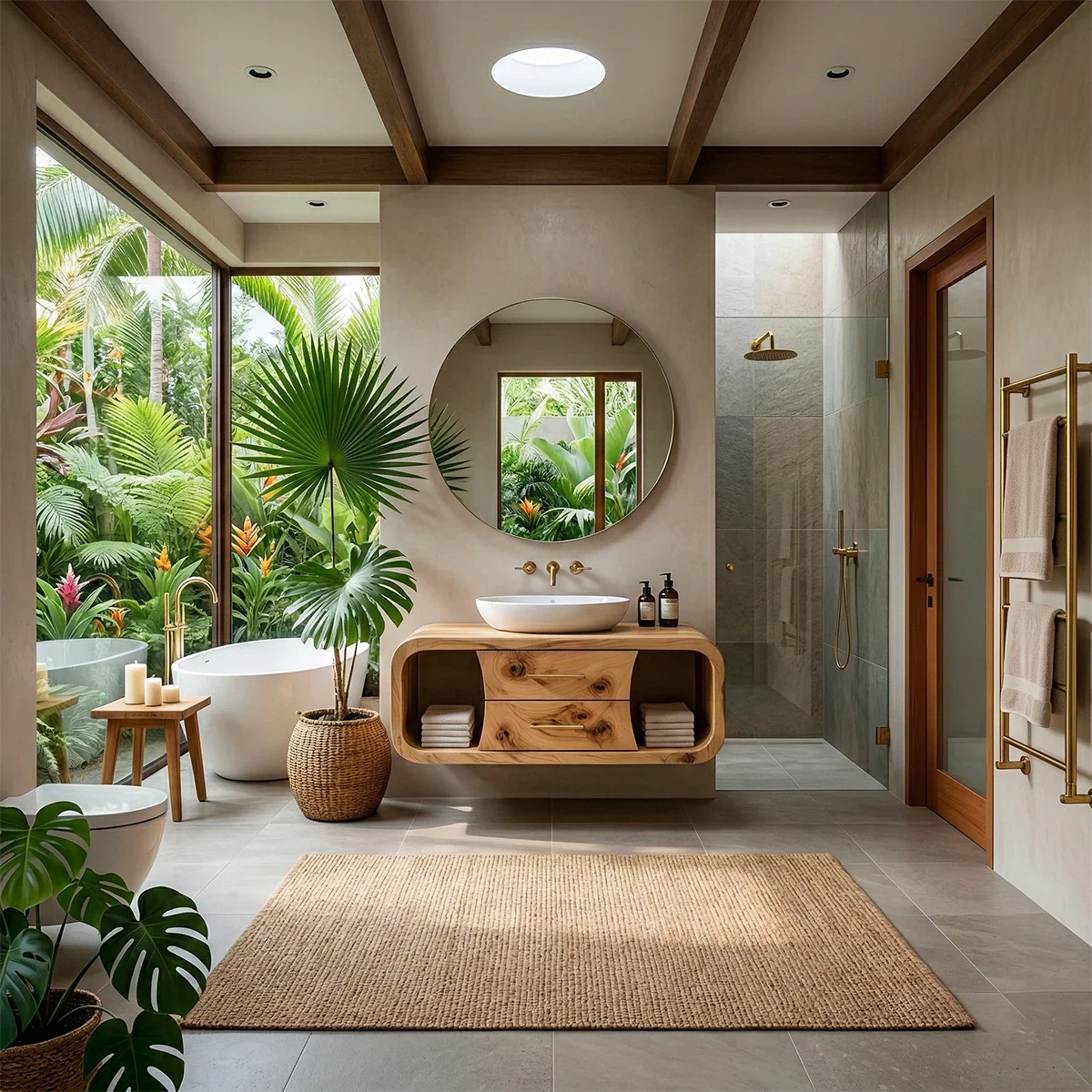 Cedar floating bathroom vanity with natural wood knots