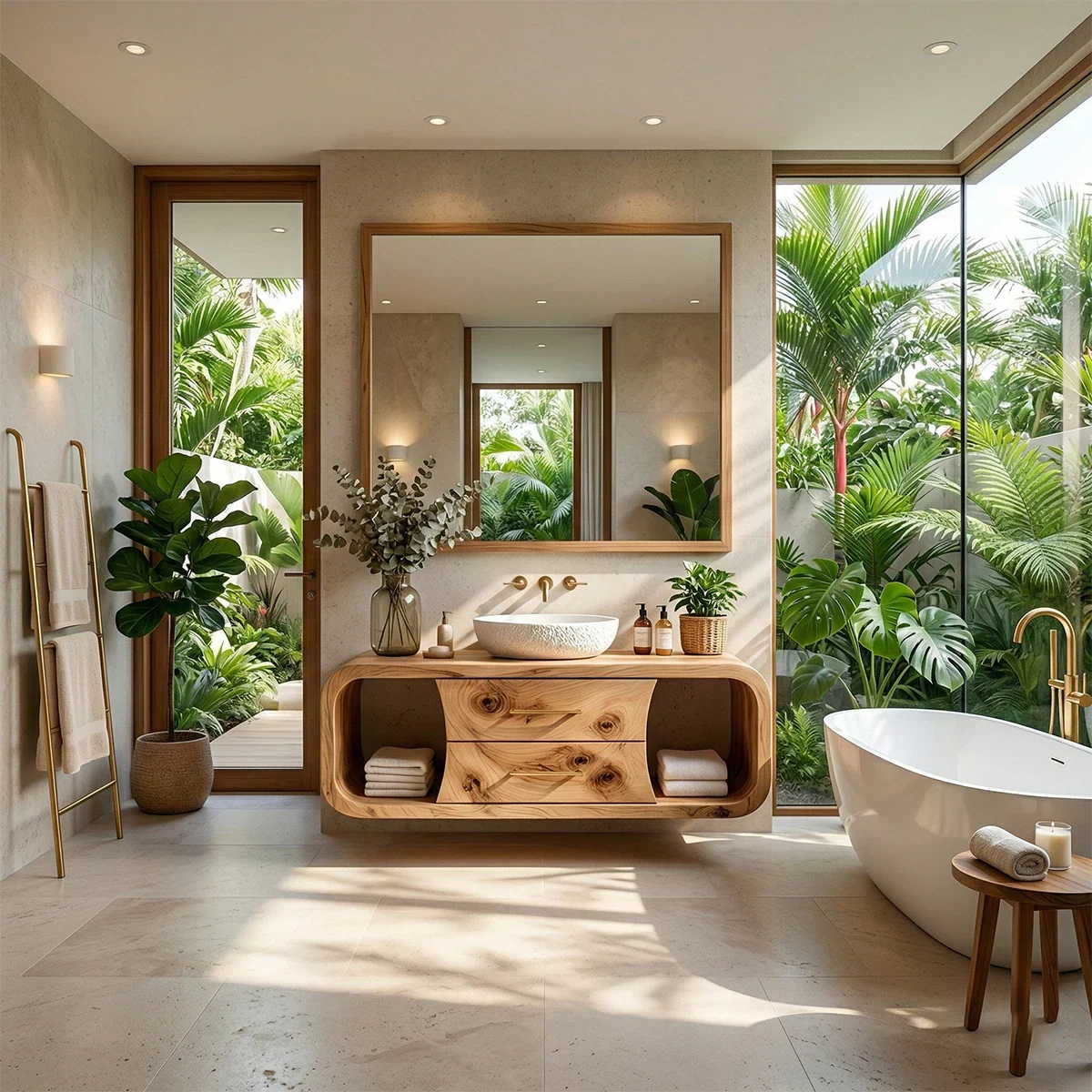 Organic style cedar floating bathroom vanity with vessel sink