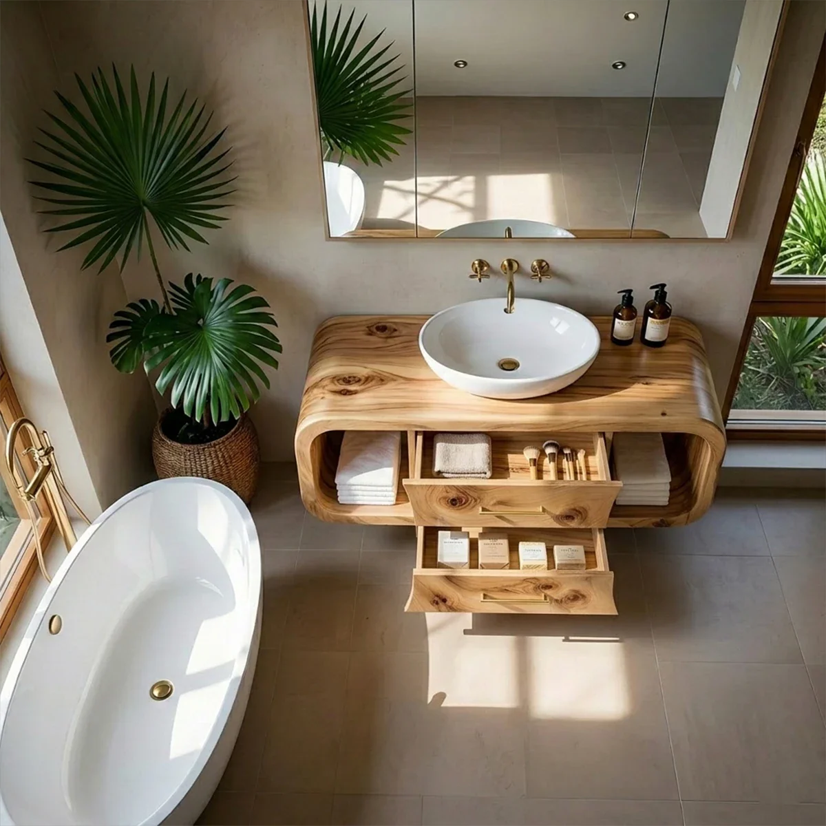 Modern cedar floating bathroom vanity with natural wood grain