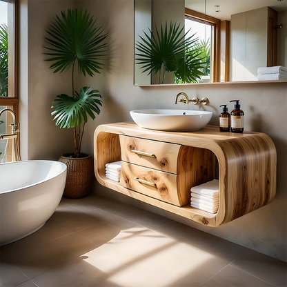 Organic cedar floating bathroom vanity with rounded cabinet design