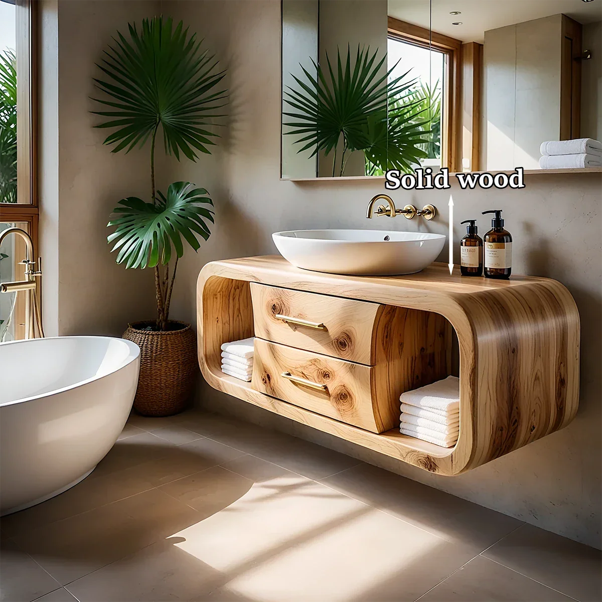 Sculptural cedar floating bathroom vanity with organic shape