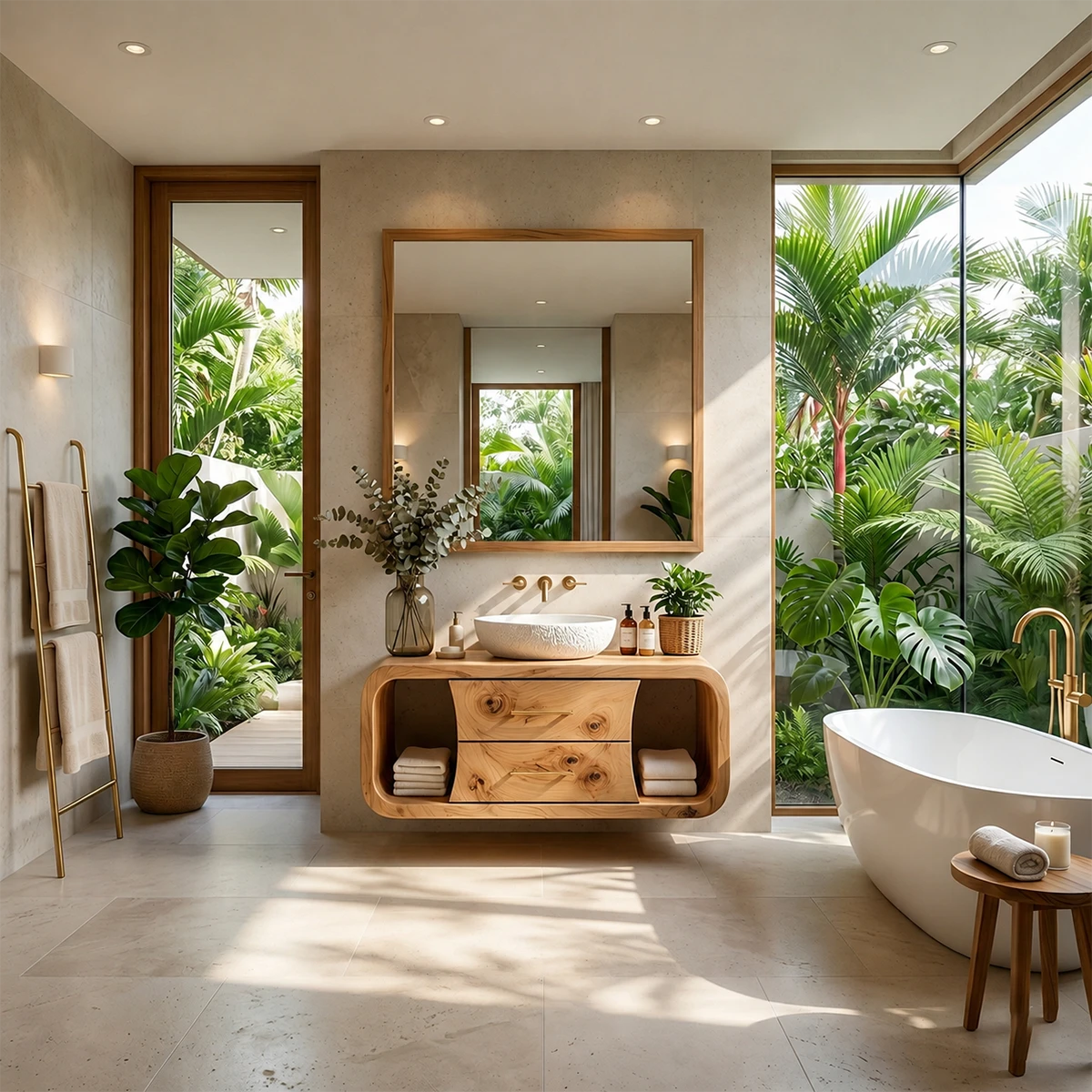 Organic Curved Natural Solid Wood Floating Bathroom Vanity With Storage Drawers