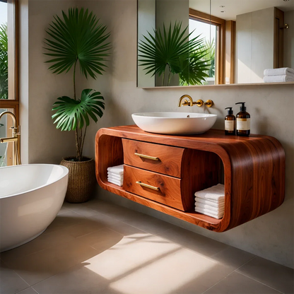 Elegant cedar floating bathroom vanity with curved frame