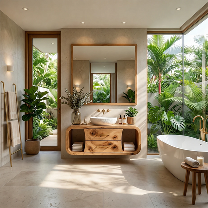 Organic Curved Natural Solid Wood Floating Bathroom Vanity With Storage Drawers