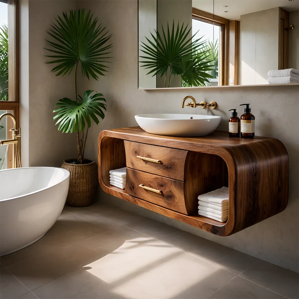 Natural cedar floating bathroom vanity in modern bathroom
