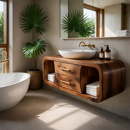 Natural cedar floating bathroom vanity in modern bathroom