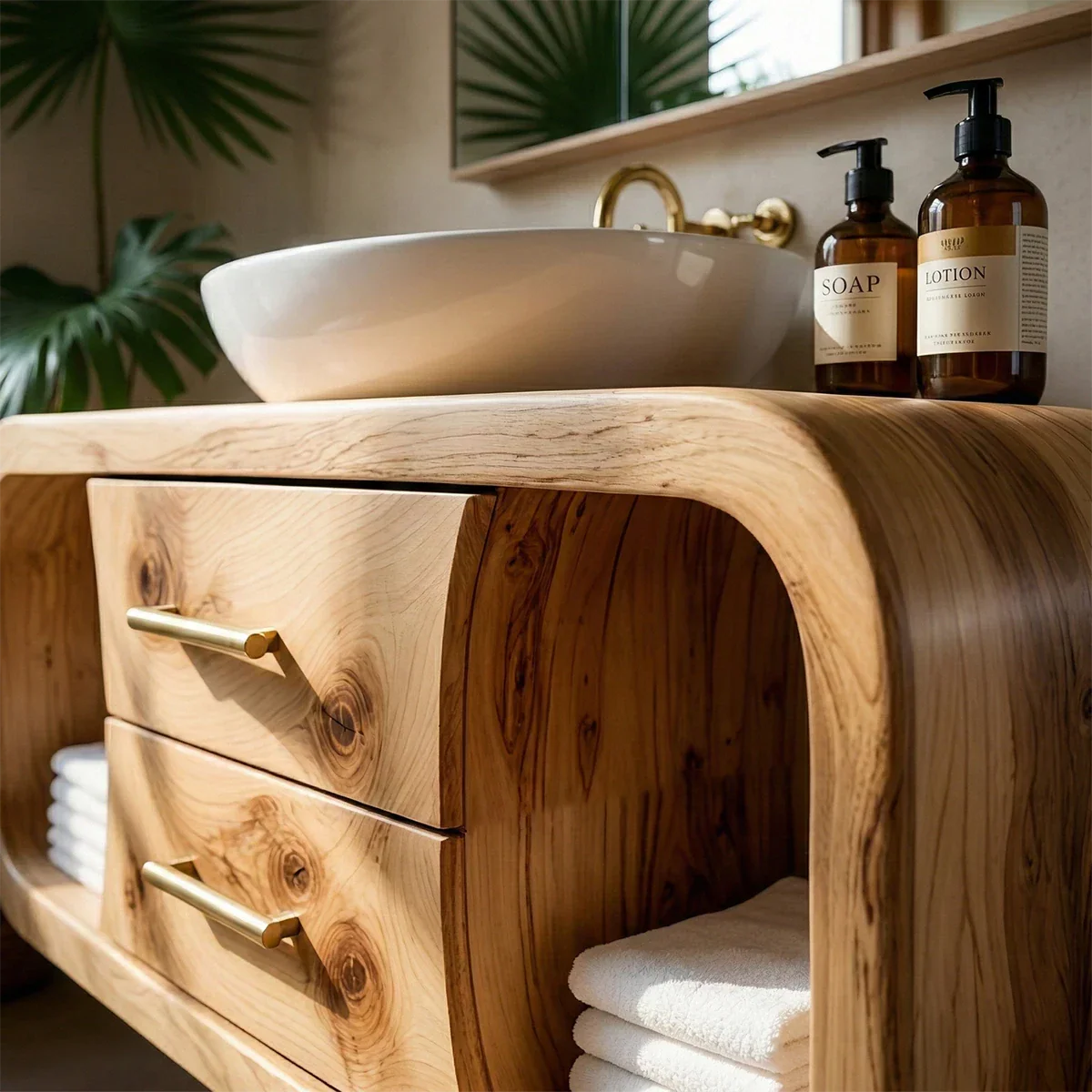 Wall mounted cedar floating bathroom vanity with drawers