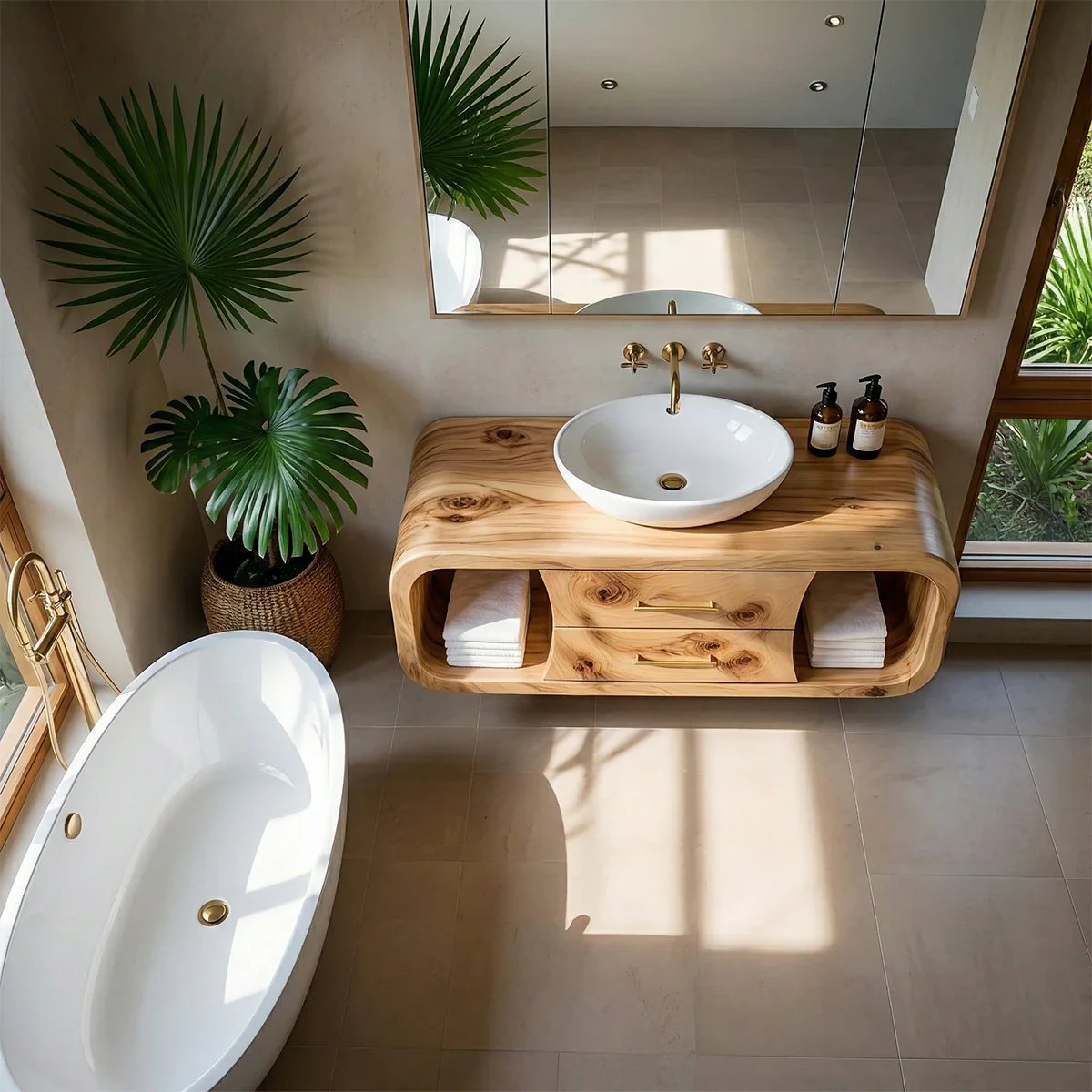 Designer cedar floating bathroom vanity with open storage