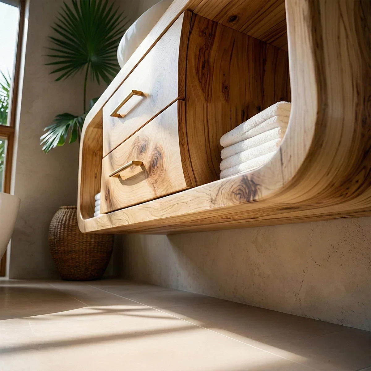 Solid cedar floating bathroom vanity with rounded edges