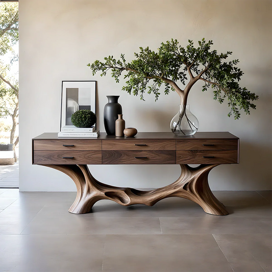 Organic console table with sculptural base and multiple drawers for modern entryway storage